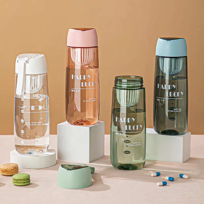 

Comes with A Medicine Box Plastic Water Cup Men's and Women's Water Bottles Silicone Handle Thickened and Graduated Carrying Cup