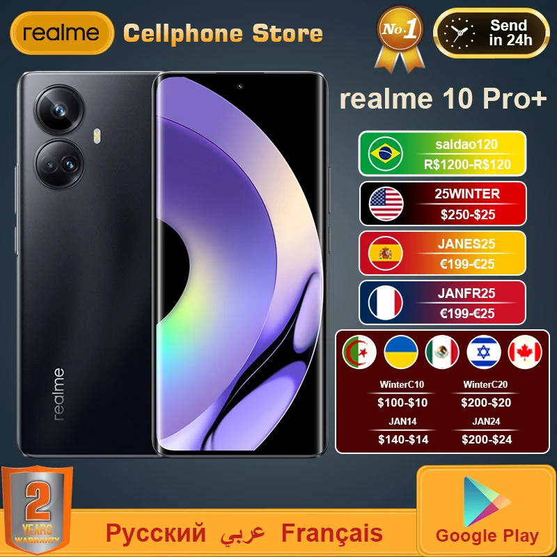  Original Realme 10 Pro Plus 5G Smartphone 6.7'' Curved Screen 2160Hz Dimensity 1080 108MP Triple Camera NFC 67W 5000mAh Battery 