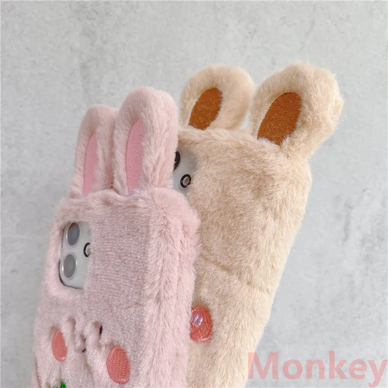 Cute Rabbit Ears Fur Plush Phone Case For Xiaomi Redmi Note 10 Pro Max 10T 10S 9 8 7 9S 9T 9A 9C 8A 7A Mi X3 Bunny Carrot Cover
