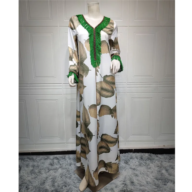 Abaya Leaf Printed Long Dress for Women Arabic Party Kaftan Braided Trimming Saudi Gulf Dubai Jalabiya Muslim Evening Dresses