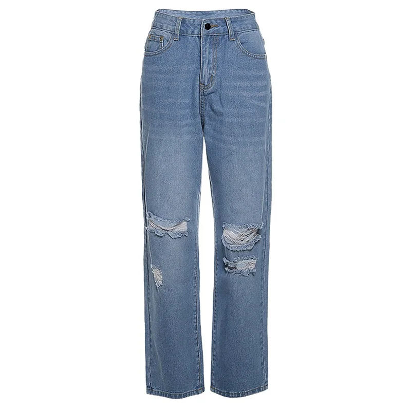 Fashion Hole Denim Trousers Loose Casual Jeans Women High Waist Wide Leg Vintage Straight Blue Pants Harajuku Light Streetwear