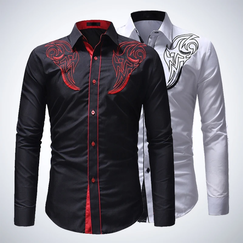 Men's Fashion Long Sleeve Casual Print Shirt Totem Embroidered Slim Fit Business Button Down Shirt