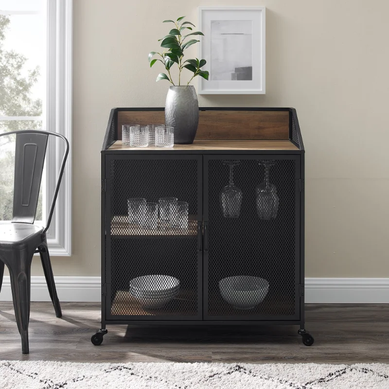 

Manor Park Industrial Bar Cabinet with Wheels, Reclaimed Barn wood