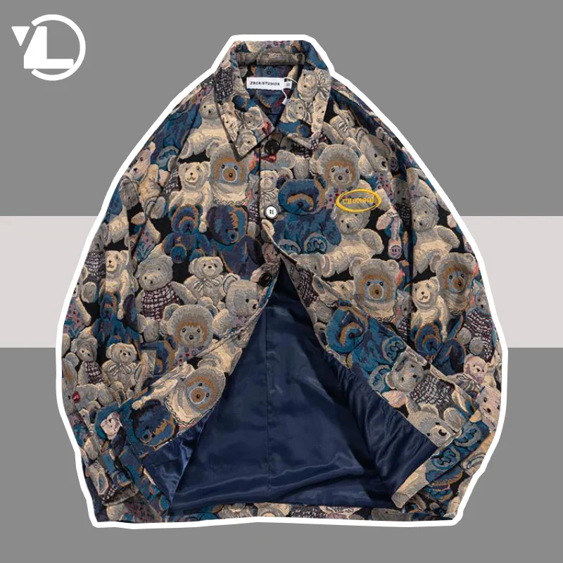 

Mens Loose Varsity Jacket Bear Full Pattern Baseball Jackets Spring Autumn Streetwear Fashion Causal Bomber Outwear Unisex Coat