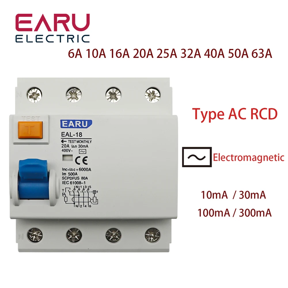 4P 32A 10/30/100/300mA Type AC RCCB RCD ELCB Electromagnetic Residual Current Circuit Breaker Differential Breaker Safety Switch