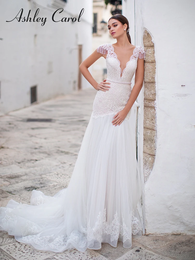 

Женское свадебное платье-Русалка Ashley Carol, 2023, с глубоким v-образным вырезом, с аппликацией, с открытой спиной, с кисточками, свадебное платье расшитое бусинами, Vestidos De Novia