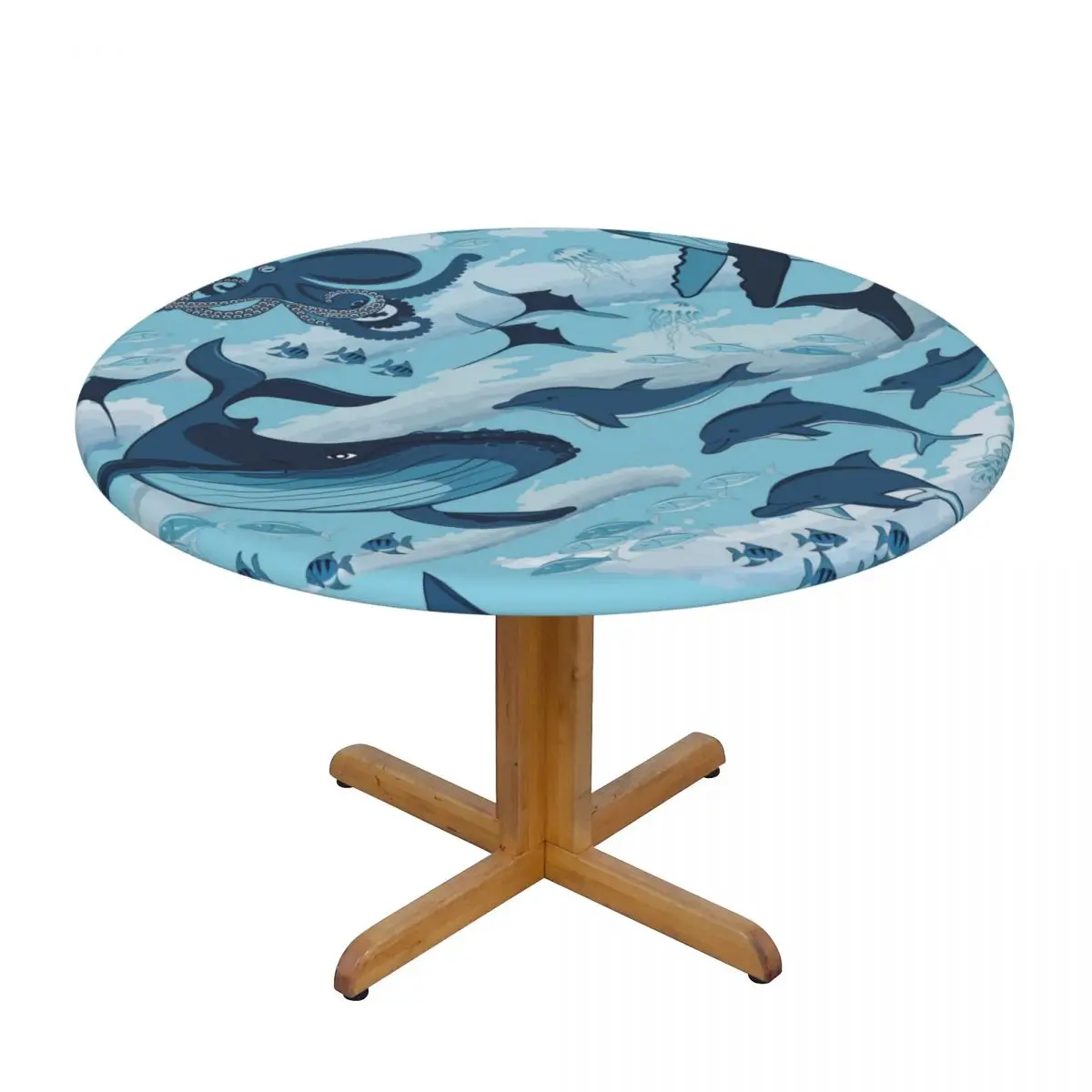 

Round Table Cover Cloth Protector Polyester Tablecloth Blue Whales And Underwater Fishes Fitted Table Cover with Elastic Edged