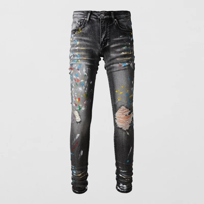High Street Fashion Men Jeans Retro Black Gray Stretch Skinny Fit Ripped Jeans Men Painted Designer Hip Hop Brand Pants Hombre