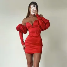 Vestido Sexy ceñido al cuerpo para mujer, Color sólido, con pecho abierto en la espalda, manga abombada, rojo, trajes de noche para cumpleaños y Club (1)