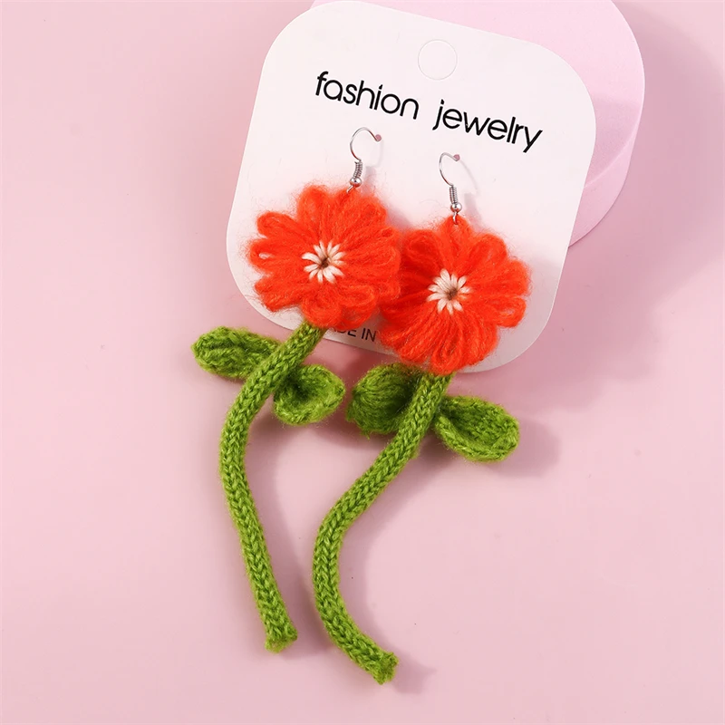 

Lovely Handmade Knitted Flower Drop Earrings for Women Long Flower Pendants Dangle Earrings Girls Party Jewelry Gifts