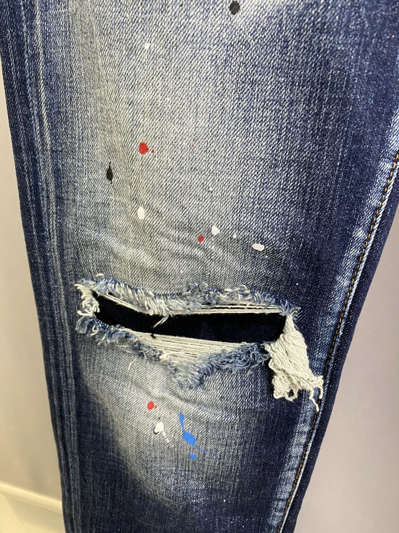 New DSQUARED2 Men's/Women Fashion Slim-Fit Ripped Patch Jeans, Paint Ripped Ink Micro-Elastic Blue Pants 9822