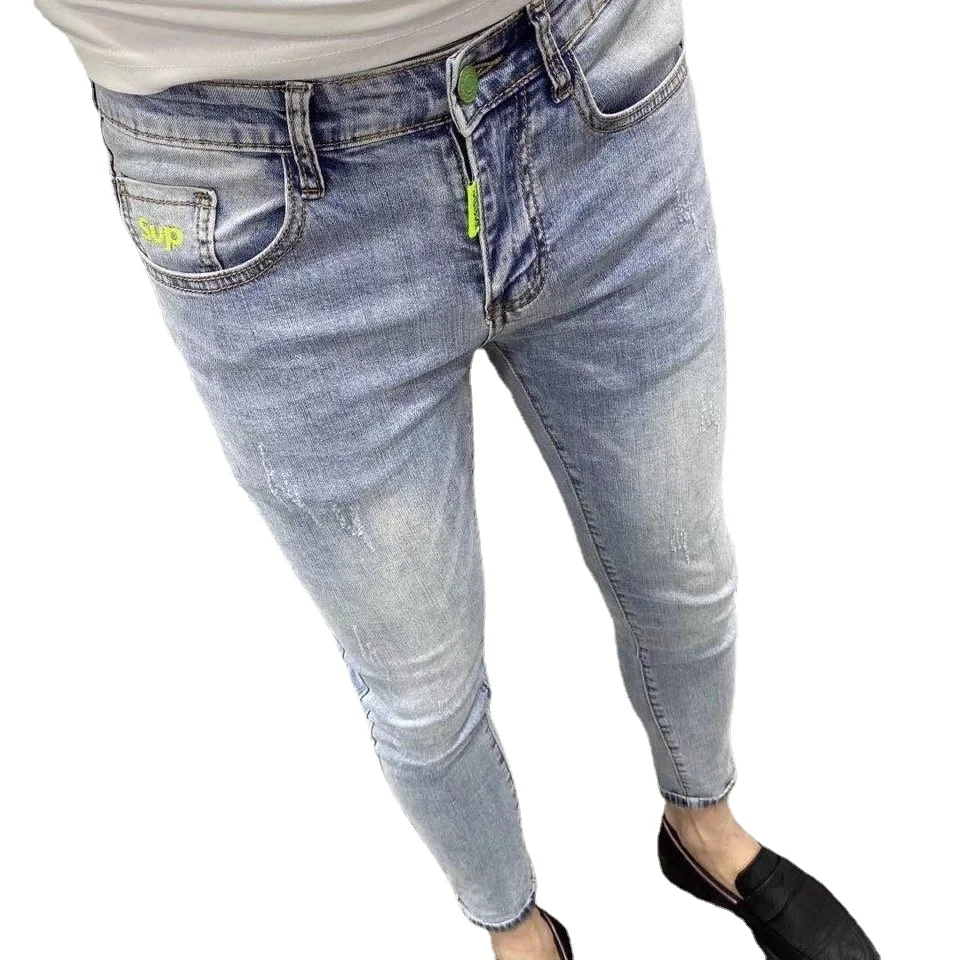 Новинка 2022 хипстерские Модные мужские облегающие светло-голубые джинсы-стрейч в