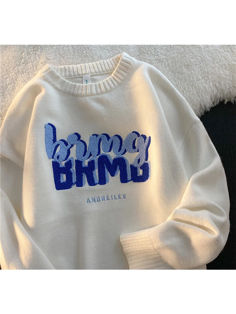 2022 New Women Sweater O Neck Long Sleeve Tops Solid Color Letter Print Knit Sweater Loose Casual Knitting Pullover Y2k Clothes