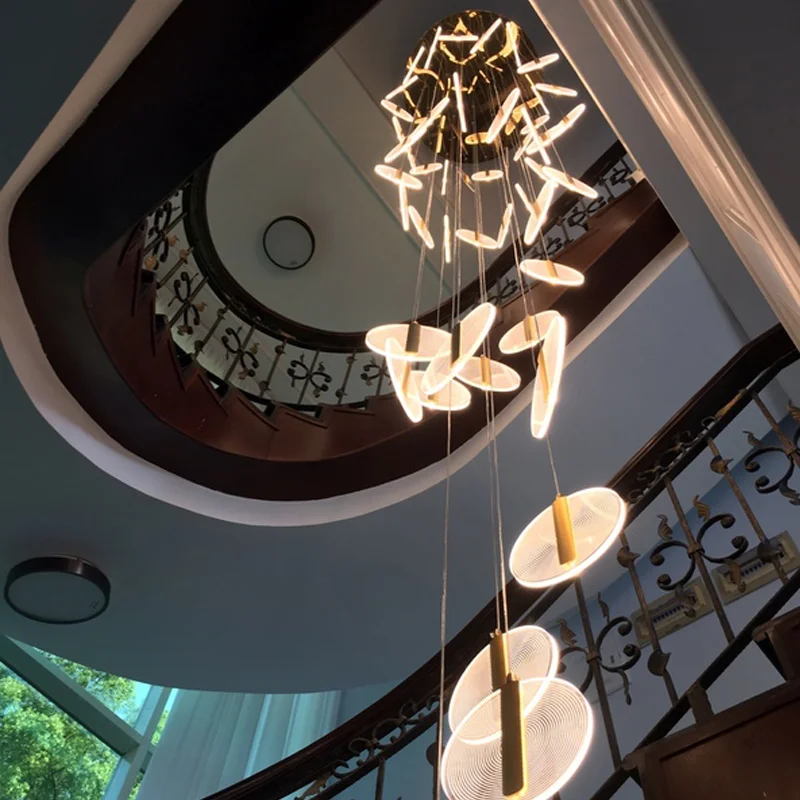 

Chandeliers Lights Duplex rotary staircase led golden restaurant living room acrylic aluminum modern villa hall lamp