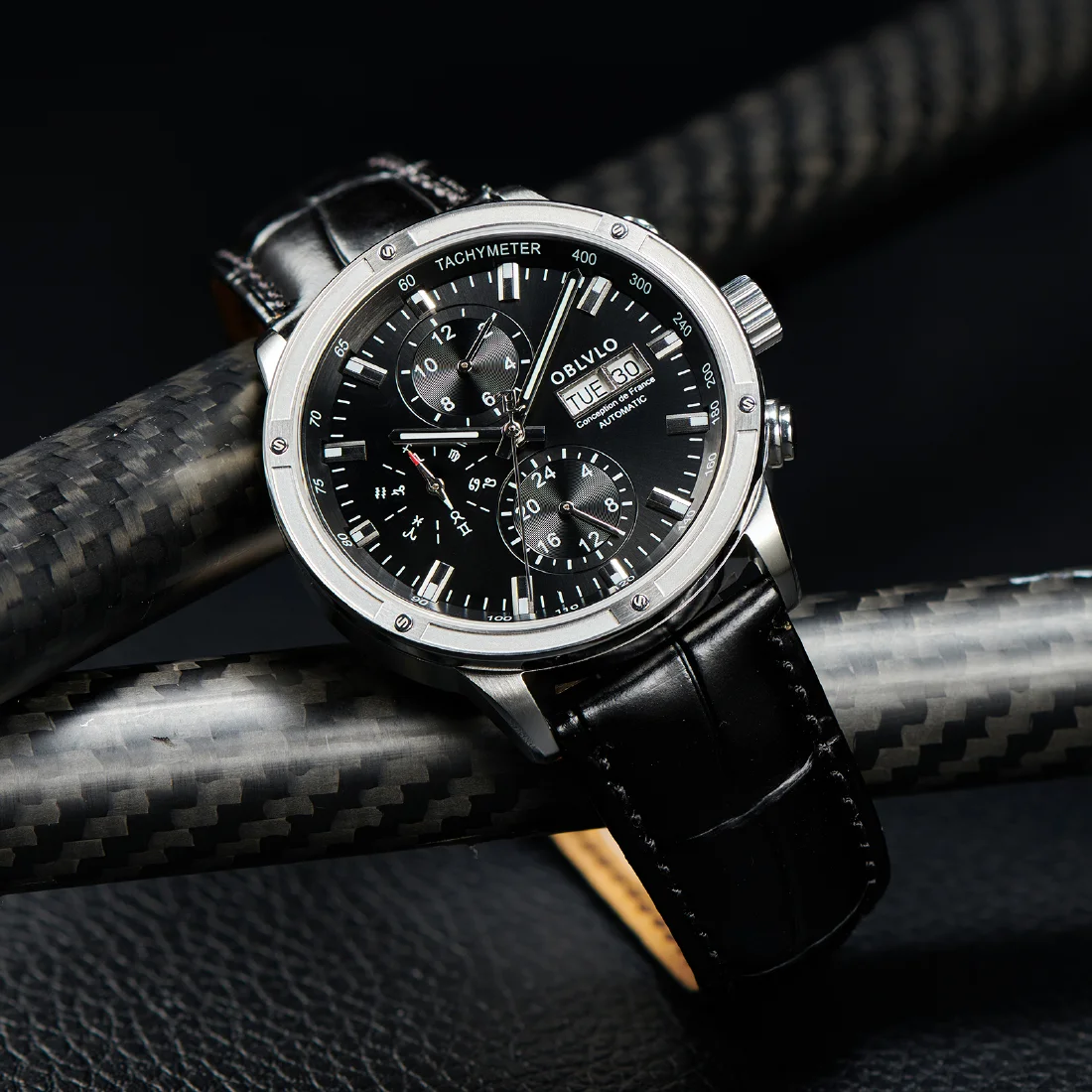 

OBLVLO Brand Men Dress Automatic Watch Mechanical Leather Strap Sapphire Year Month Week Calendar 24-Hour Display 40mm Clock CM2