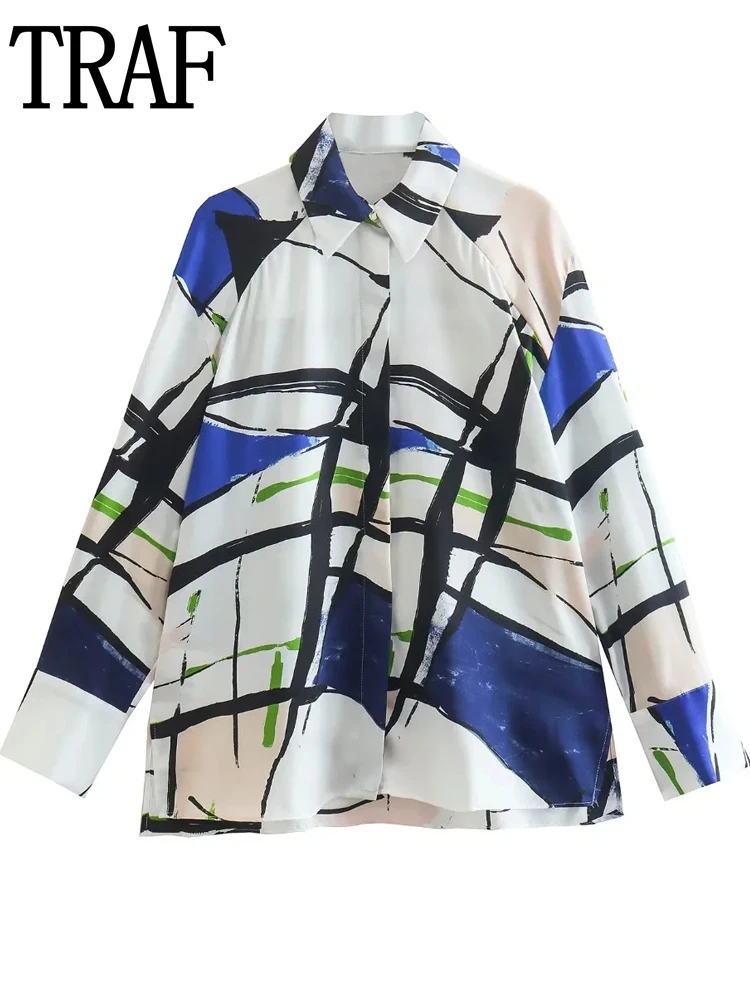 

TRAF Women's Satin Blouse 2022 Long Sleeve Printed Women Tops Shirt Autumn Fashion Button Up Shirt Woman Vintage Casual Blouses