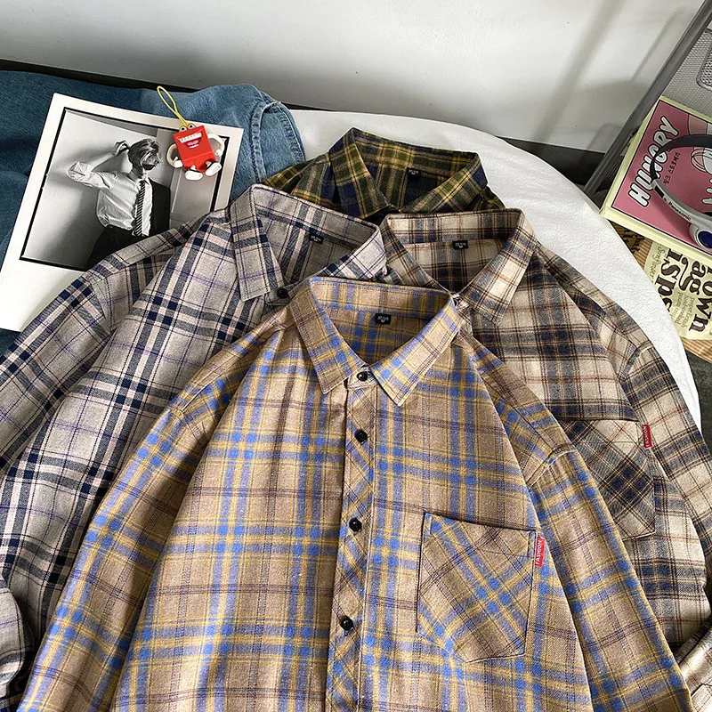 Harajuku Plaid Retro Blouse Men 2022 Japanese Man Streetwear High Quality Shirt Long Sleeve Male Casual Button Up Vintage Shirts