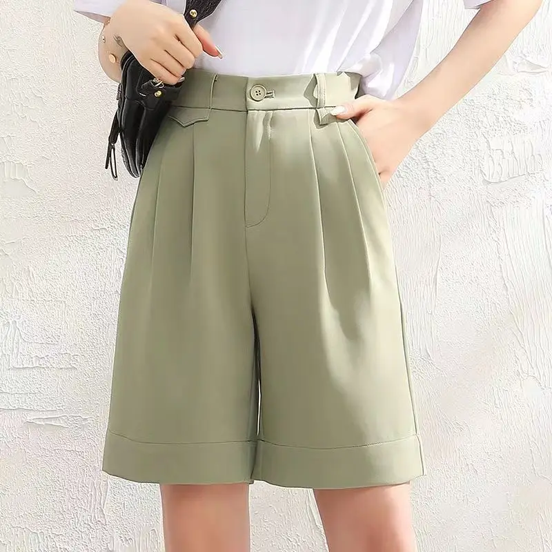 

2023 Women's Summer Shorts Loose Casual Suit Short Pants Girl Solid Knee Length Button High Waisted Shorts Women Trousers C98