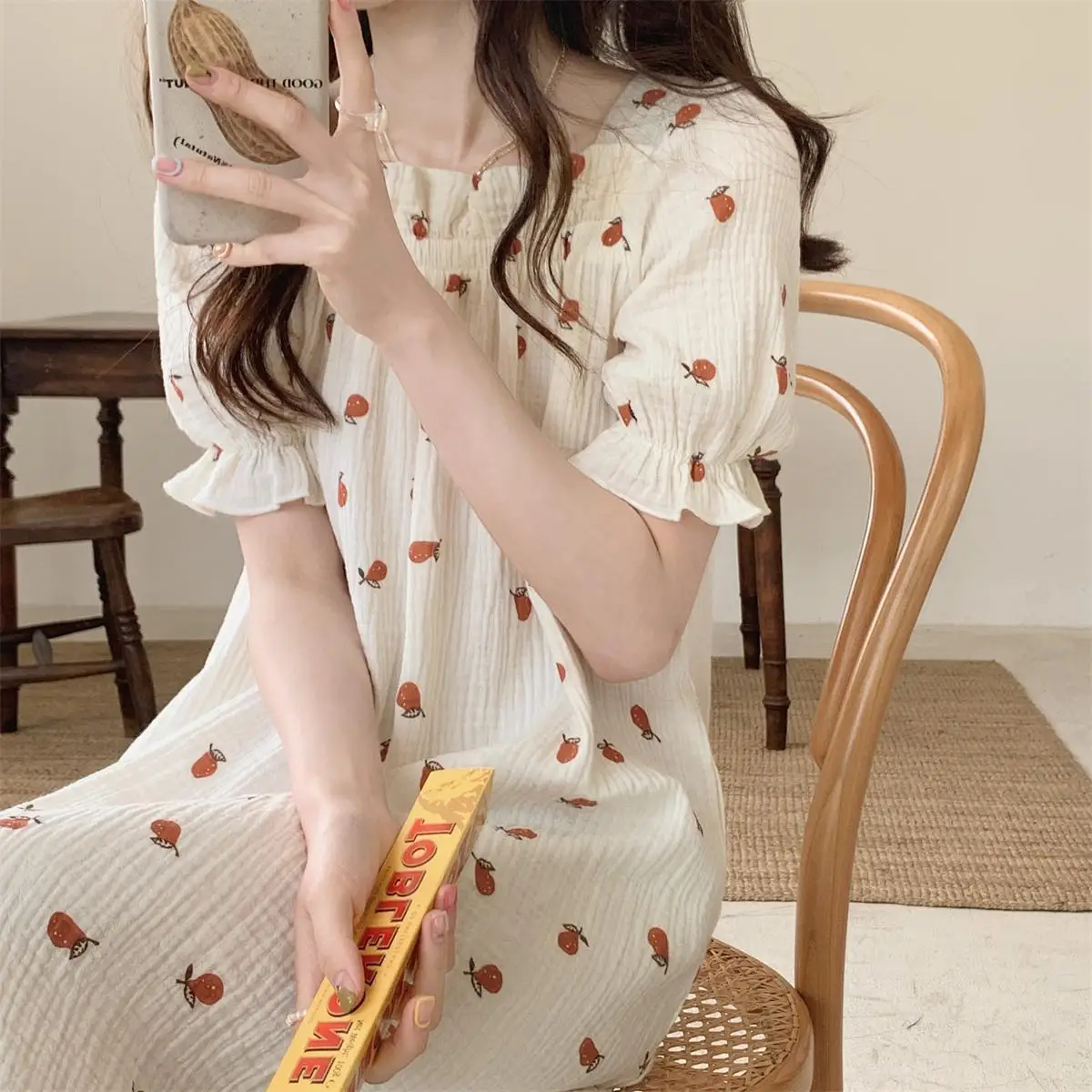 

Sweet Printed Summer Night Dress Women Square Collar Short Sleeve Cotton Long Sleepwear Kawaii Soft Nightgown Korean 2022