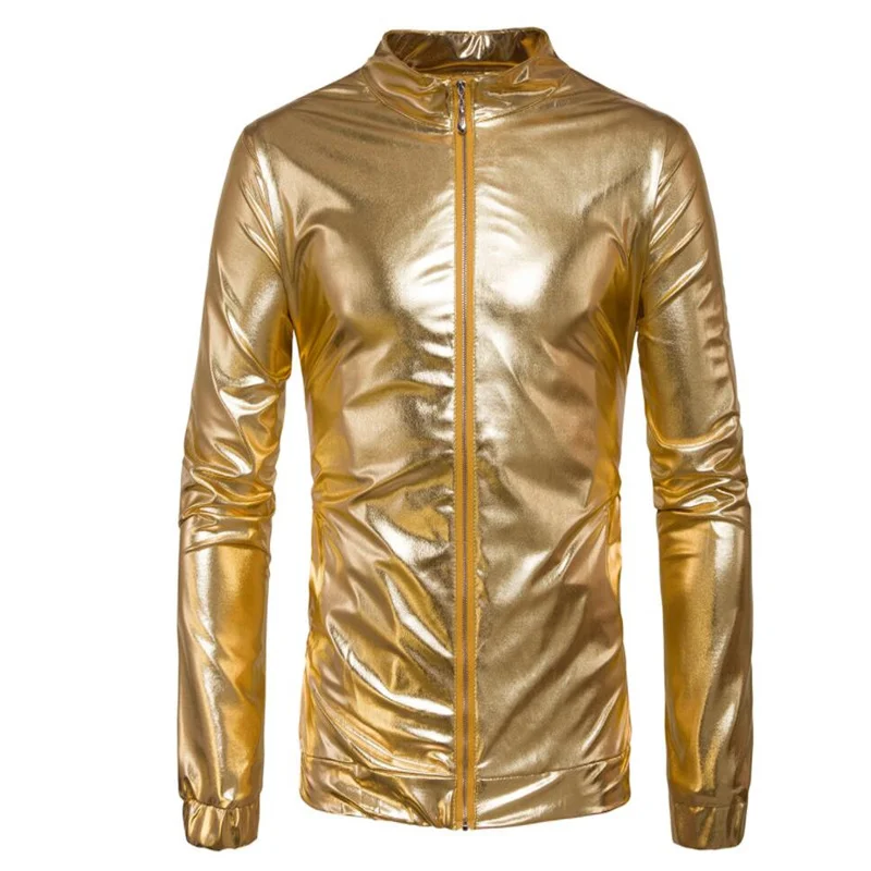 

Mens Leather Jacket Glossy Motorcycle Coat Clothes Personalized Jaqueta De Couro Street Fashion Gold Silver