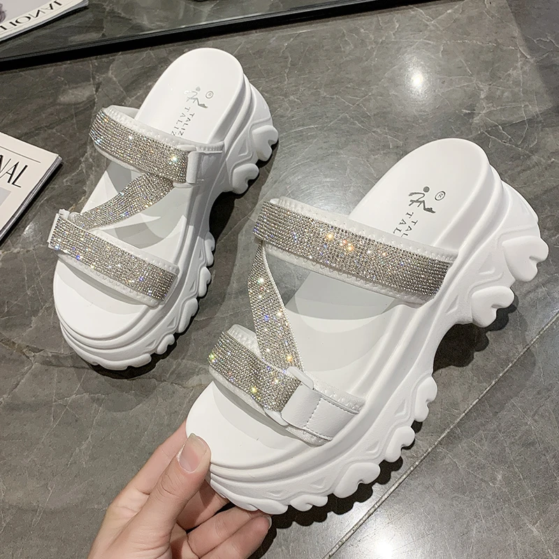 

Women Platform Slippers 2022 Bling Sandals Beach Shoes 8CM Wedge Heels Peep Toe Sandals Ladies Hollow Outside Flip-Flops Woman
