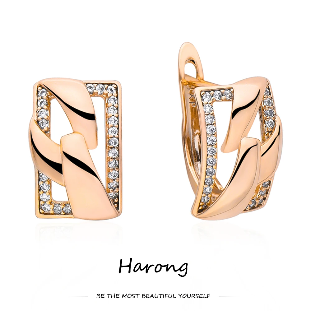 

Harong Luxury Rose Gold Color Stud Earrings Geometry Inlays Crystal Copper Jewelry Earrings for Women Girls Wedding Gifts