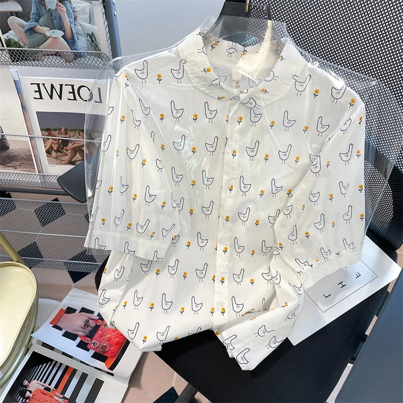 

2022 New Duck Print Lapel Short Sleeve Shirt Unisex Top Women Single Breasted Top Jacket Roupas Femininas