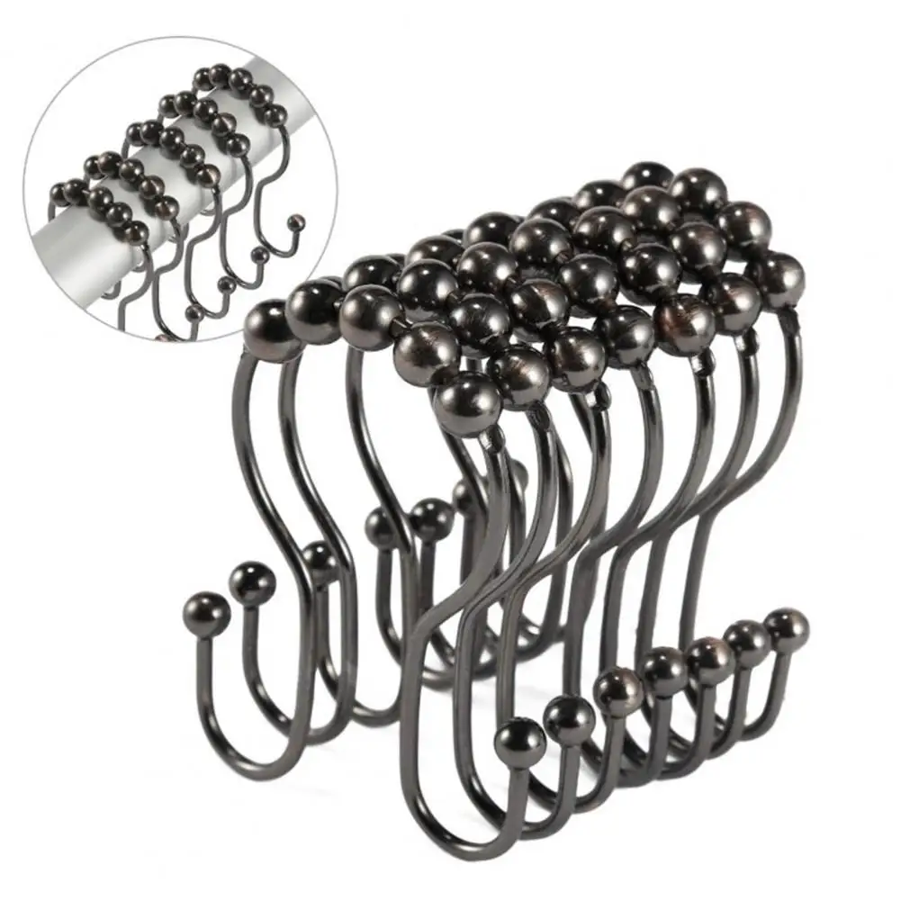 

12Pcs Shower Curtain Hook Dual Hooks Strong Bearing Capacity Roller Ball Smooth Sliding Curtain Hook Ring Bathroom Supply