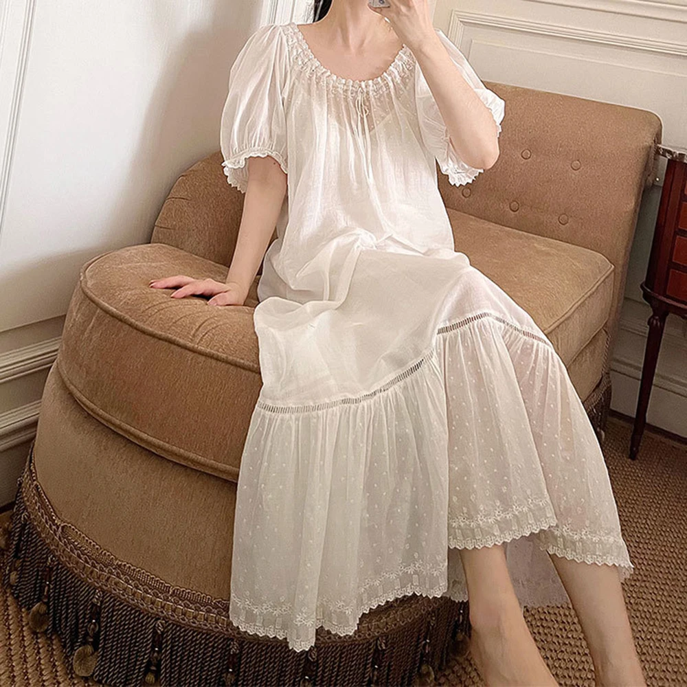

French Design Embroidery Nightdress Gauze Gown Retro Short Sleeve Pajamas Homewear Dress For Women Summer Sweet Long Nightgown