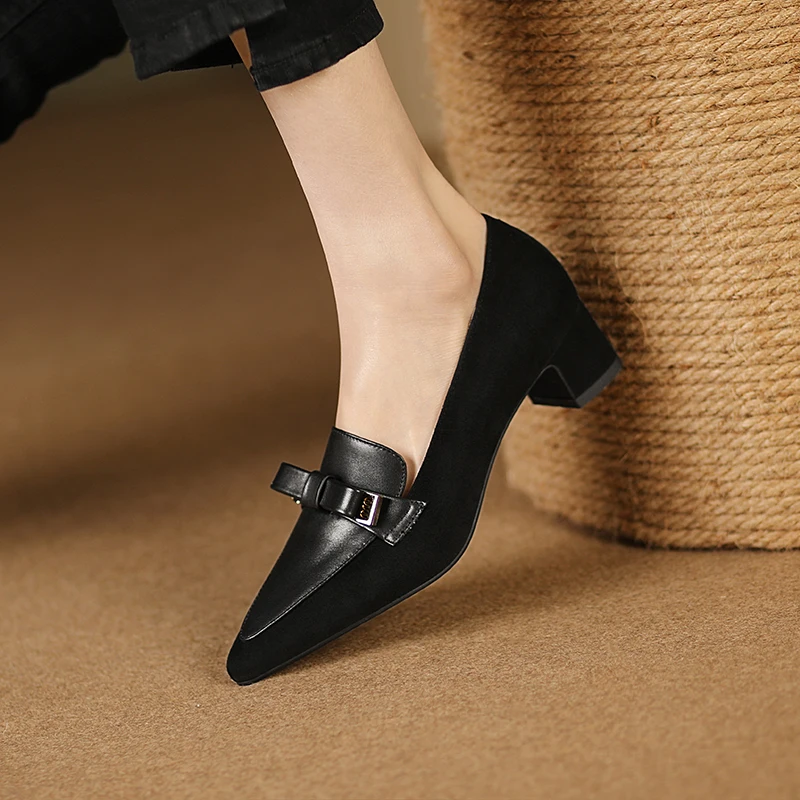 Pointed spring and autumn women's shoes stitching sheepskin bow square heel thick heel high heel zipper women's shoes