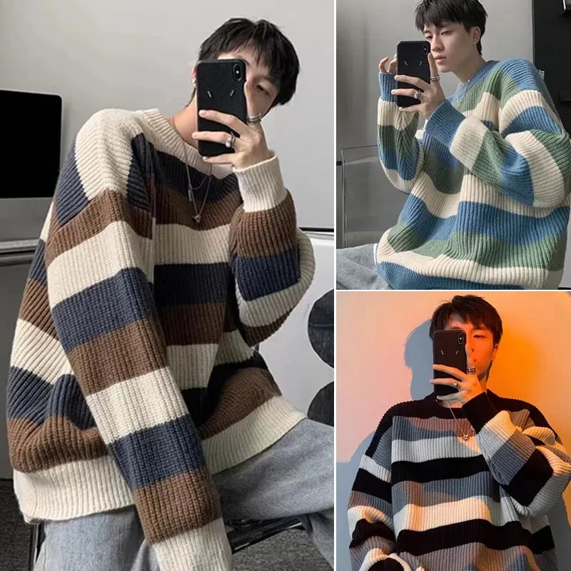 Japan Style O-Neck Striped Pullovers Men Korean Fashion Loose Sweater Male Casual Long Sleeve Tops for Couples Clothing