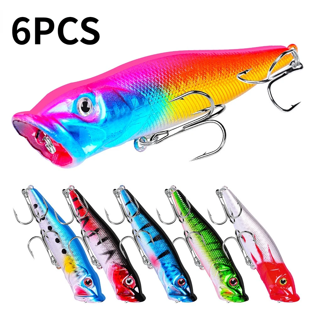

6pcs Set Hard Artificial Baits Popper Fishing Lures Suit 9.5cm 12g 4# Sharp Hook Fishing Accessories DW1002