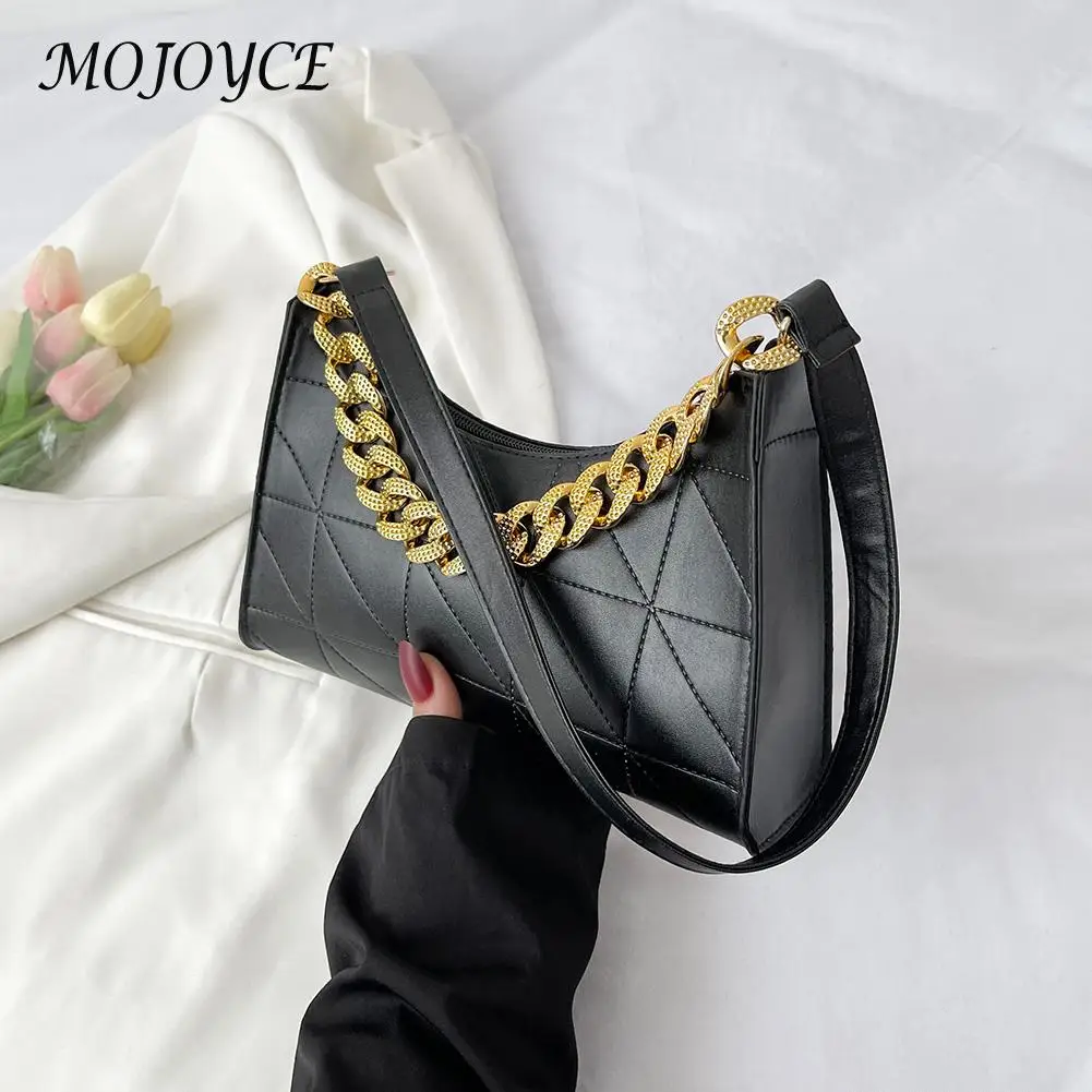 

Fashion Women PU Leather Shoulder Bag Chain Solid Rhombus Underarm Zipper Handbags Simple Solid Color Hobo Bags for Ladies Girls