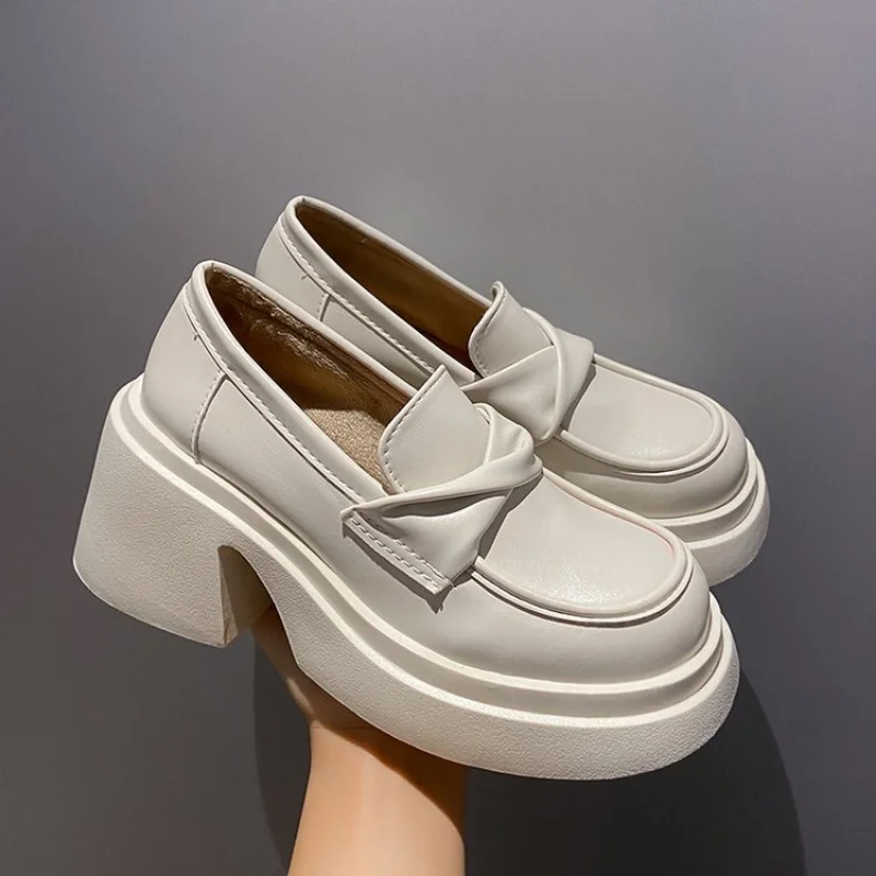 

Women Shoes Platform Heels Patent Leather Women's Thick Heel Muffin thick soled French retro Slip-on shoe Round head shoes