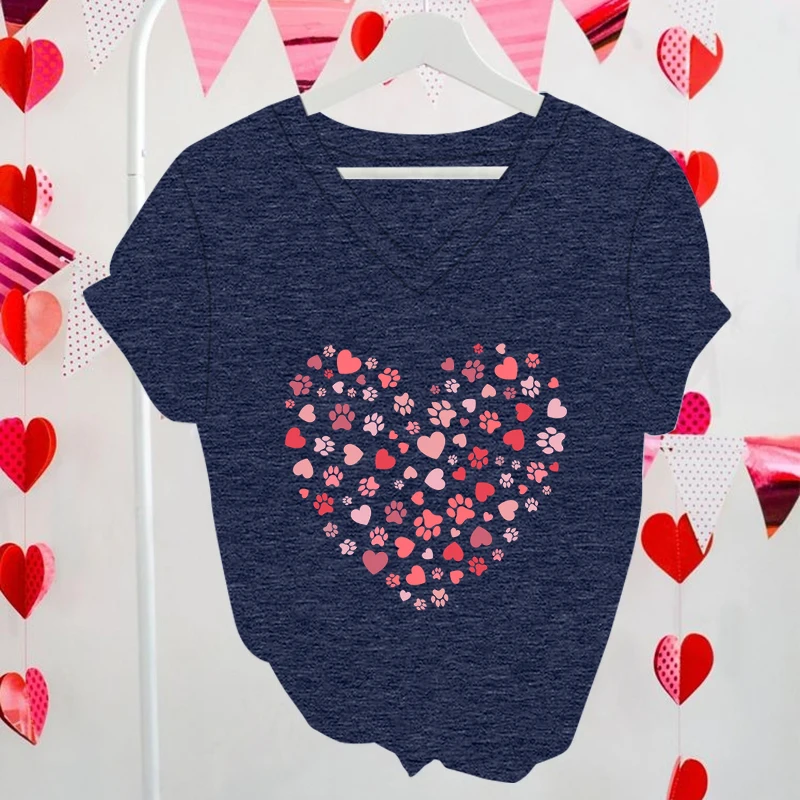 Valentines Day Paw Heart Fashion T-shirts Animal Lover Gift Cute Print Cat and Dog V-neck Short Sleeve T-shirt