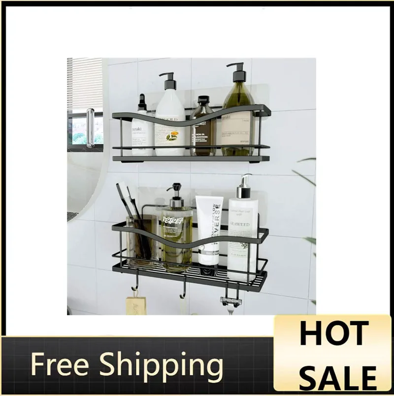 

Shower Shelves 2-Pack - Self Adhesive Caddy with 4 Hooks - No Drill Large Capacity Stainless Steel Wall Shelf