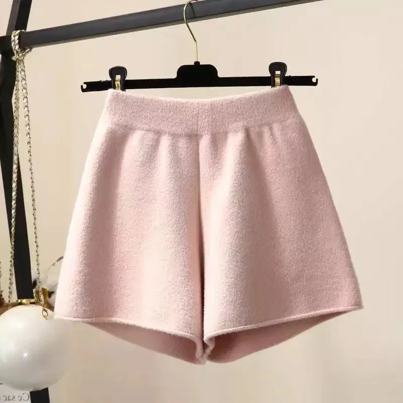 

Sweet Wide Leg Knitted Shorts For Women Autumn Winter Female High Waist Loose Curled Faux Mink Fleece Warm Shorts Feminino