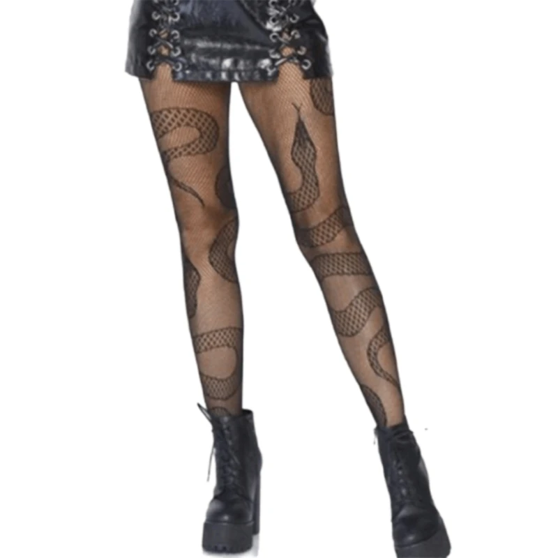 

CPDD Women Punk Sexy Fishnet Pantyhose Harajuku Evil Snake Jacquard Patterned Tights Sheer Mesh Anime Lolita Stockings