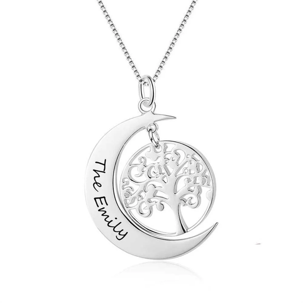 Personalized Carved Name Necklace Moon Shaped Tree Of Life Custom Sterling Silver Necklace And Pendant Custom Necklace