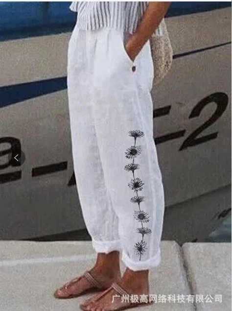 

Брюки женские повседневные до щиколотки с принтом Маргариток и карманами