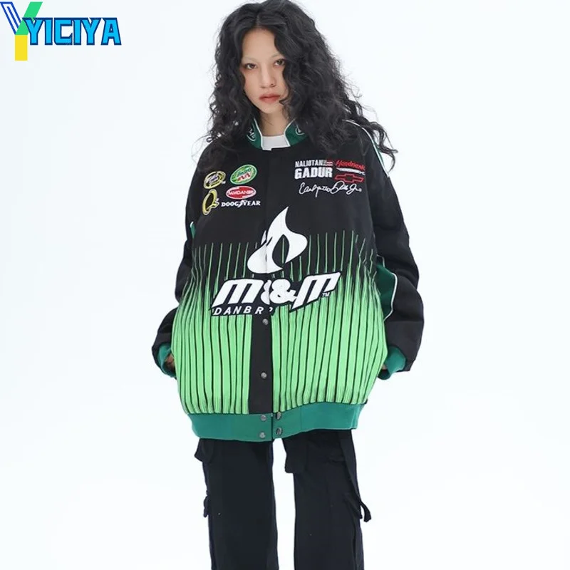 

YICIYA Bomber Woman Varsity Jacket Black Embroidery American Racing Motorcycle University Baseball Jacket Long Sleeves Coat Top