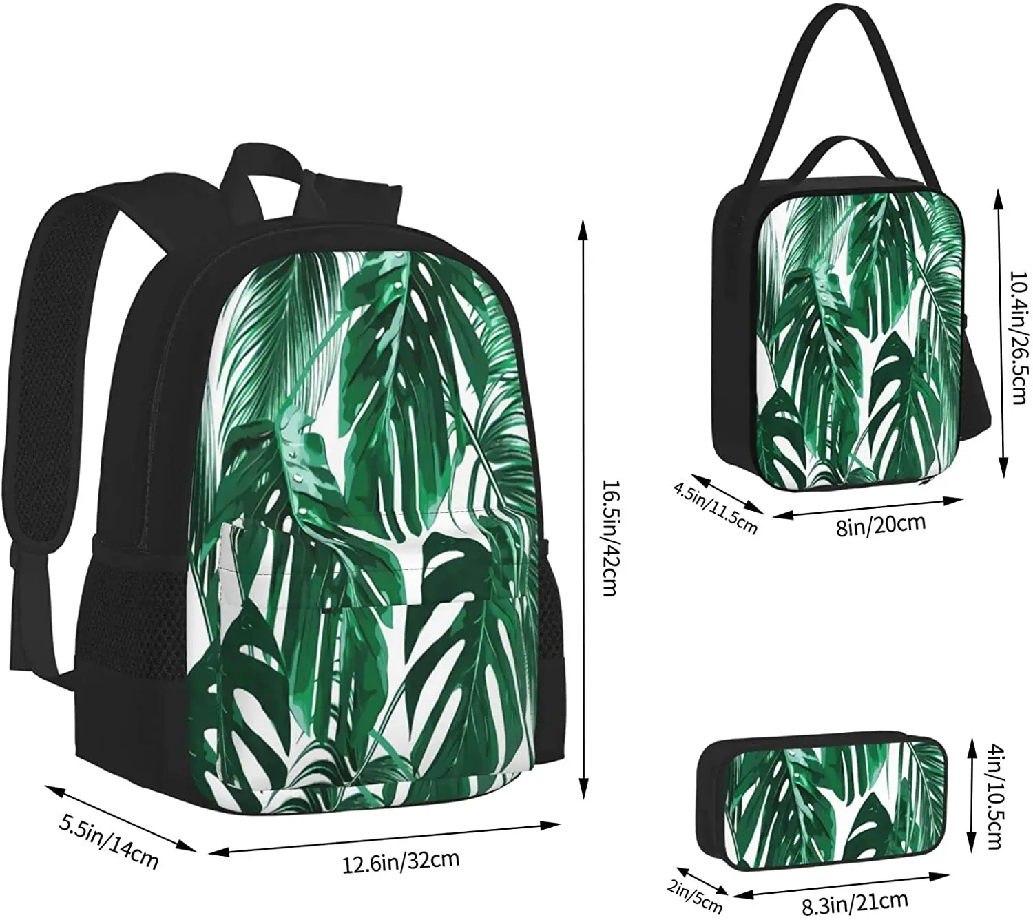 Kids School Backpack Green Plant Schoolbag Travel Bag Casual Daypack Lunch Bag Pencil Case for Boys Teens Girls 3pcs Sets