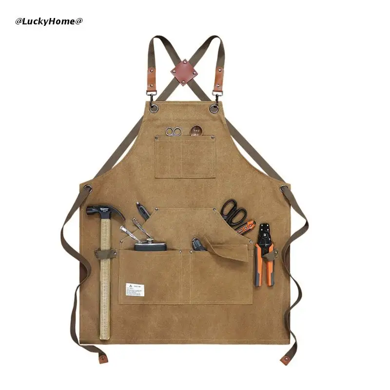 

Canvas Work Apron with Pockets Thicken Waterproof Oil Proof Cross-Back Straps