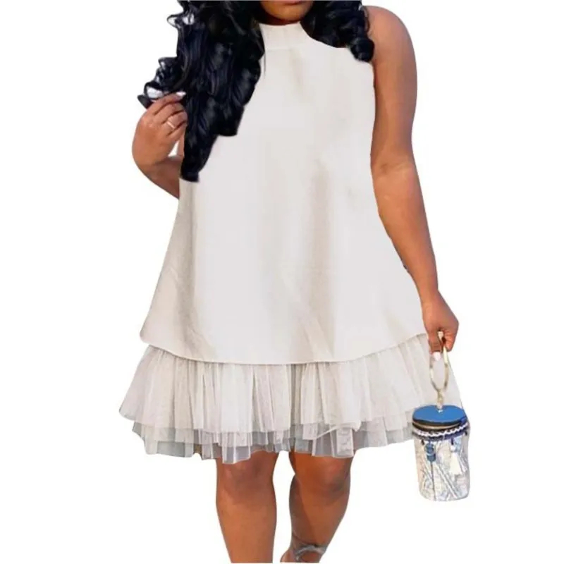 

African Short Dress Women Sleeveless Knee Length Africa Clothing Summer New Ruched Mesh Patchwork Dashiki African Dress Vestidos