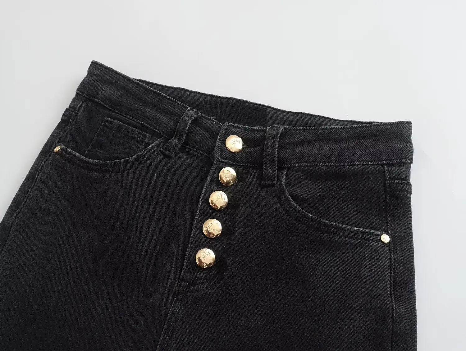 Withered Fashion High Wasit Jeans Single Breasted Slim Denim Pants Black Stretch Jeans Women