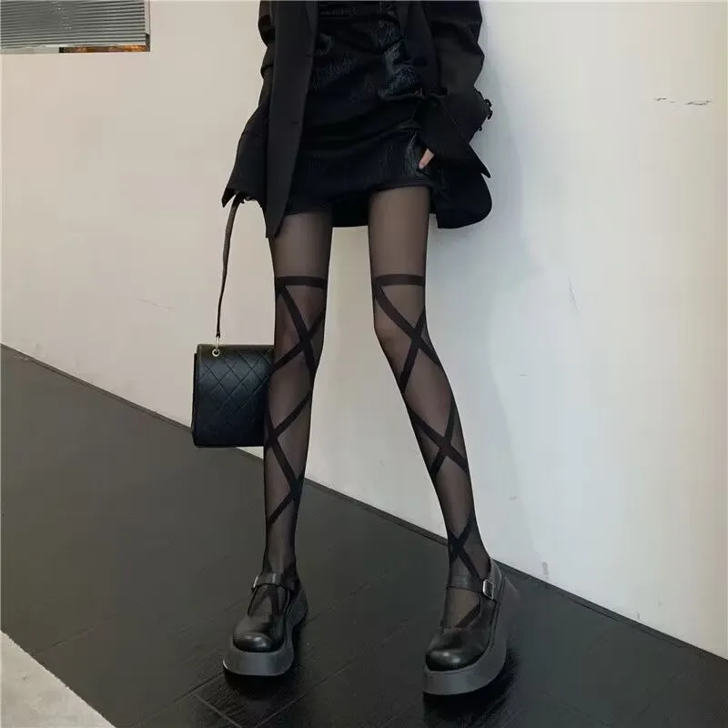 

New Sexy Skinny Women Stockings Fashion Goth Rocker Cross Bandage Straps Pants Pantyhose Tights Stockings Wholesale Drop ship