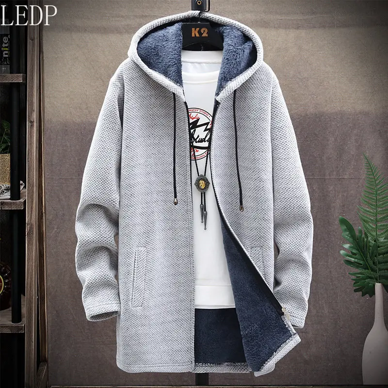 2022 Autumn and Winter New Fleece-Lined Thickened Men's Clothing Chenille Sweater Fashion Mid-Length Hooded Coat Sweater Tide