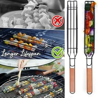 barbecue basket bar shape iron and wood skewer 45cmbasket outdoor barbecue utensils portable kabob bbq grilling basket bbq tools