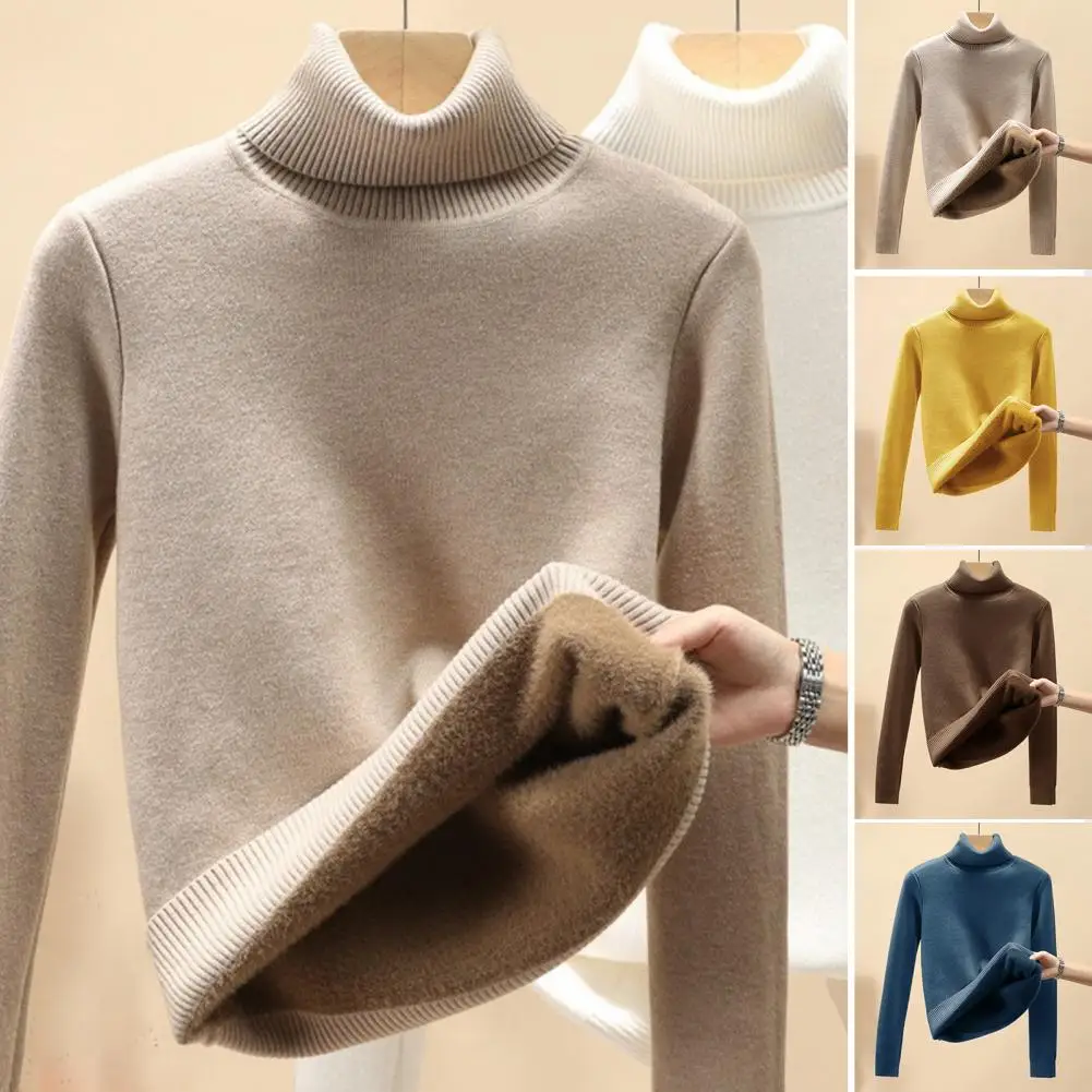 

Winter Sweater High Collar Solid Color Cold-proof Thicken Elastic Neck Protection Pullover Basic Soft Women Sweater for Daily