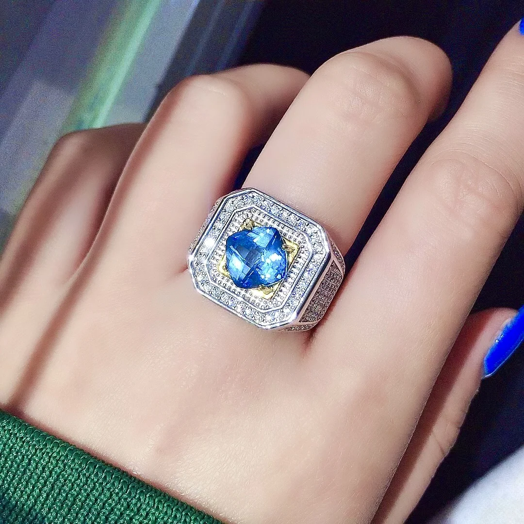 Luxury Silver Man Ring for Party 8mm 2ct VVS Grade Natural Topaz Ring for Man Solid 925 Silver Topaz Man Jewelry